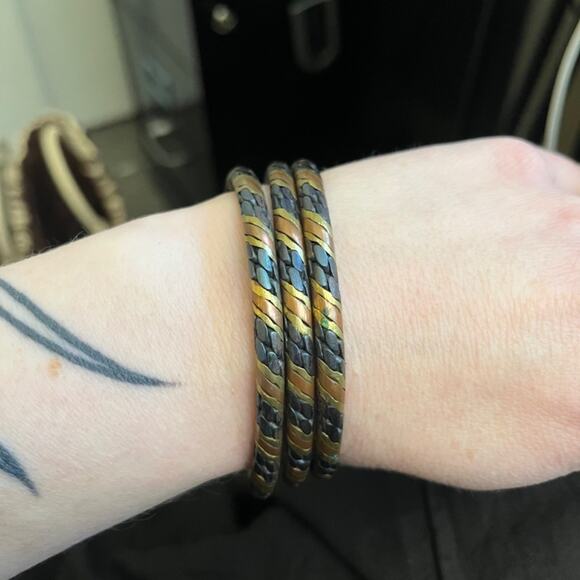 Vintage Set of 3 Metal Tribal Bracelets Copper Brass Black Adjustable B2 - Picture 2 of 7